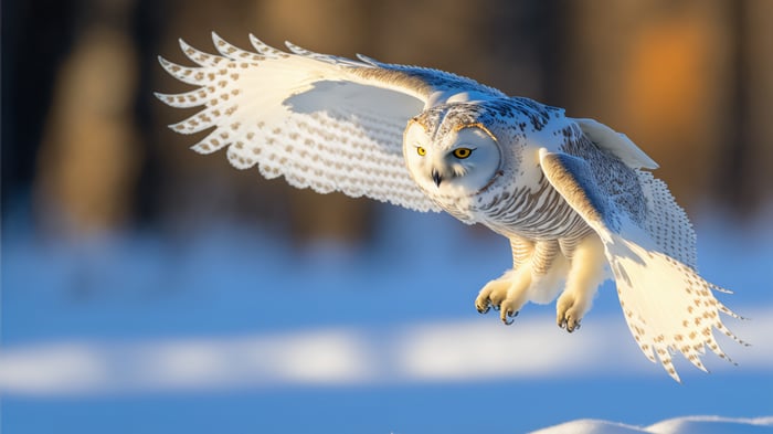 Snowy Owl in flight over snow