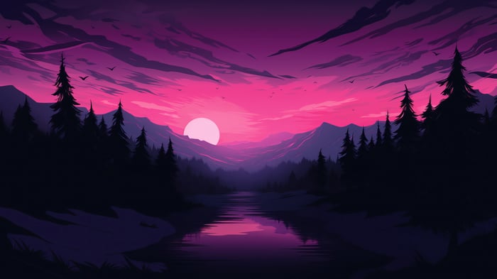 Digital Art 4K Forest River Mountain Sunset Scenery