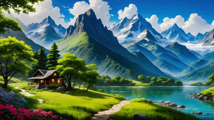 Cabin by a Lake with Mountains and Forest 4K