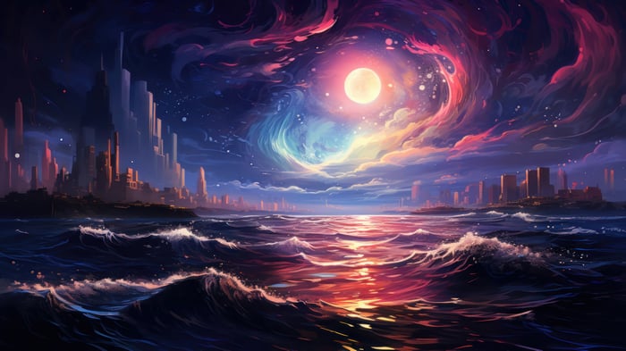 Digital Art 4K: Cityscape on the Ocean under the Moon