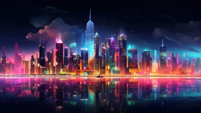 Colorful Cityscape at Night with Reflections 4K