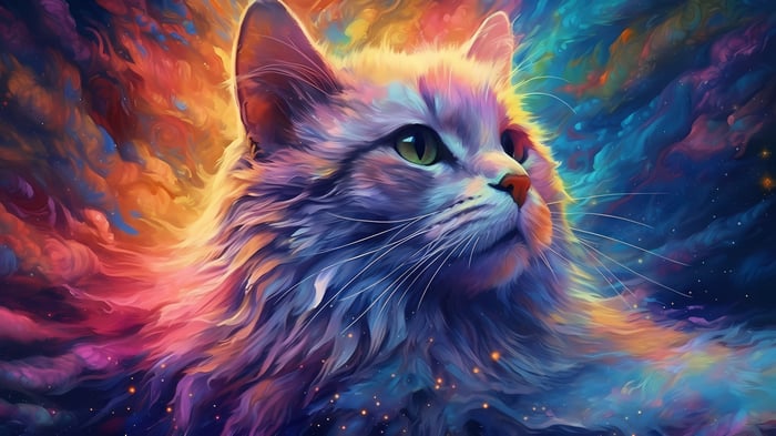 Colorful Cat in Cosmic Background 4K