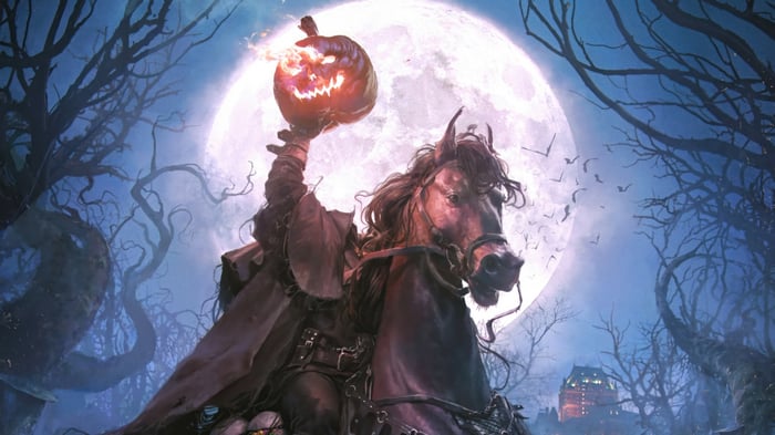 Headless Horseman with Jack-o'-lantern under the Moon 4K