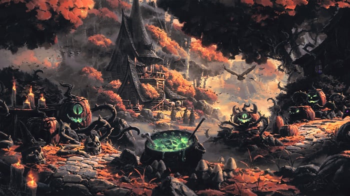 Halloween Village with Cauldron and Pumpkins 4K