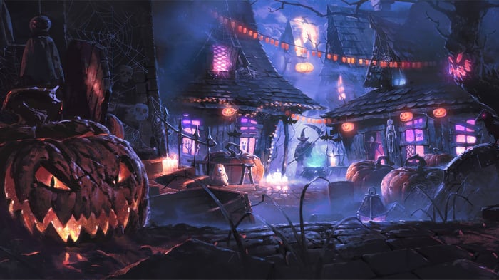Halloween Village with Pumpkins and Skeletons 4K