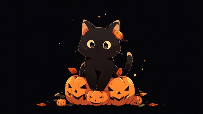 Black Cat Sitting on Pumpkins for Halloween 4K