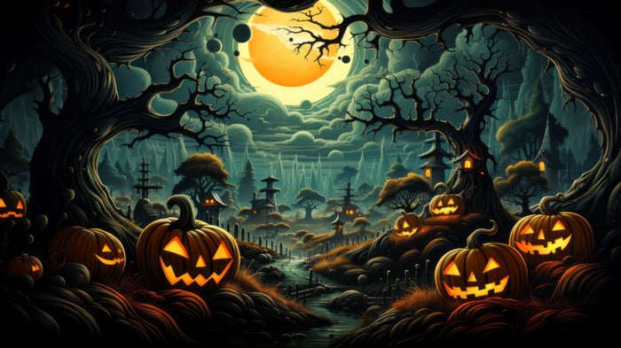 Halloween Night with Glowing Pumpkins and Spooky Trees