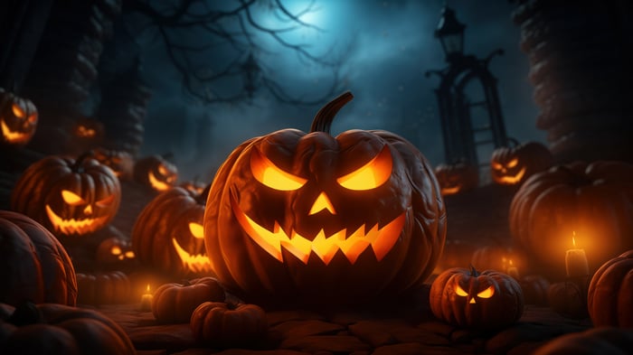 Halloween pumpkins in a spooky graveyard 4K