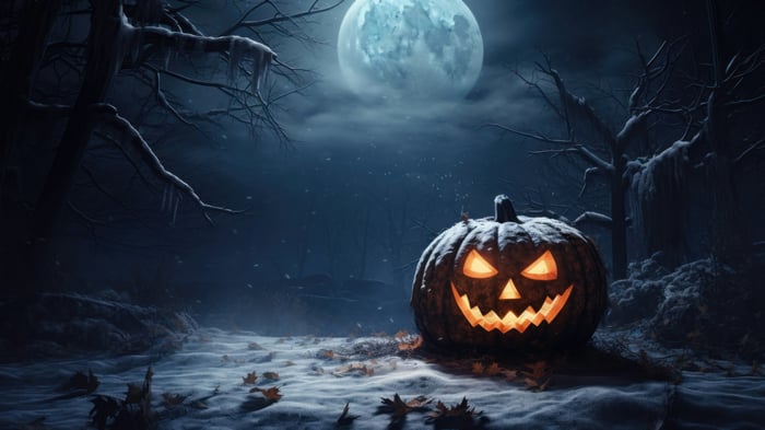 Halloween night with a glowing pumpkin under the moon