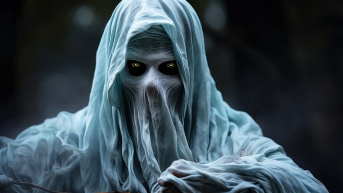 Ghost in a light blue shroud with glowing eyes