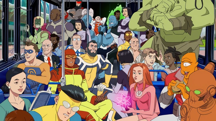 Invincible characters on a bus