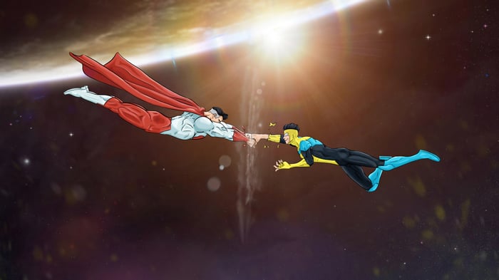 Omni-Man and Invincible fist bump in space 4K