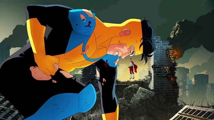 Invincible and Omni-Man in a destroyed city