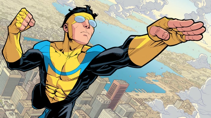 Invincible flying over a city in 4K