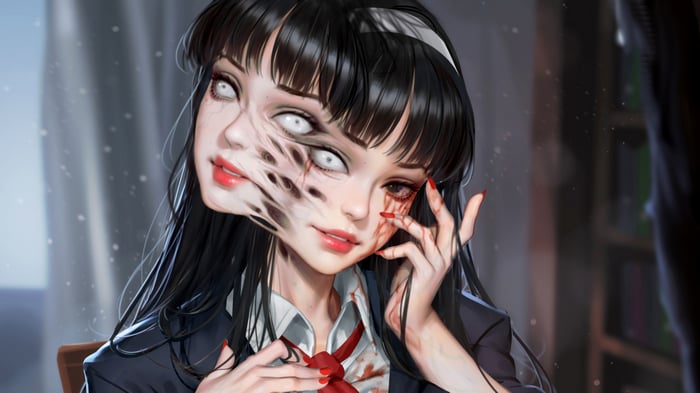 Tomie Kawakami with multiple faces, Junji Ito style 4K