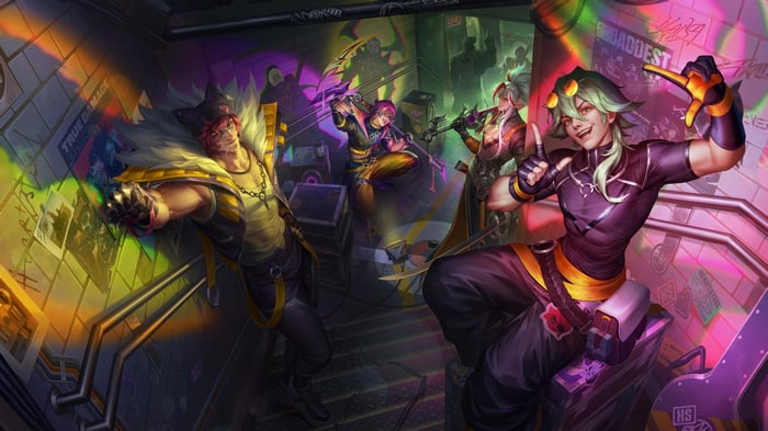 Heartsteel Ezreal, Sett, Kayn, and Yone in a subway
