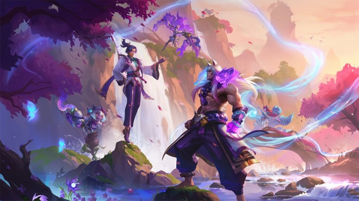 Spirit Blossom League of Legends characters in a landscape
