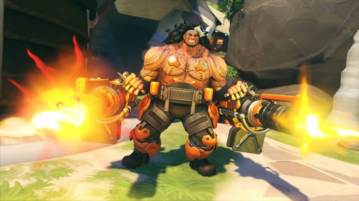 Mauga firing Gatling guns in Overwatch 2 4K