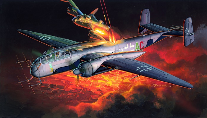 Luftwaffe Aircraft in Combat Over a Burning City