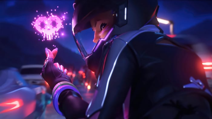 Sombra from Overwatch 2 with a pink skull heart