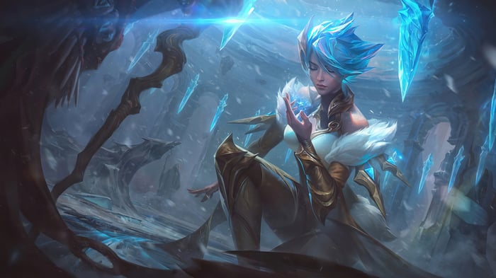 Irelia from League of Legends in a snowy environment