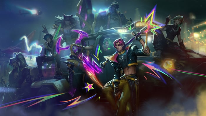 Heartsteel League of Legends characters on a vehicle