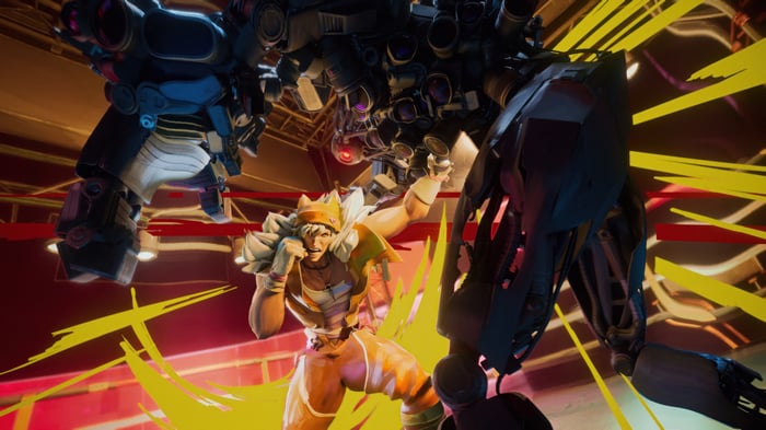 Sett fighting a robot in League of Legends 4K
