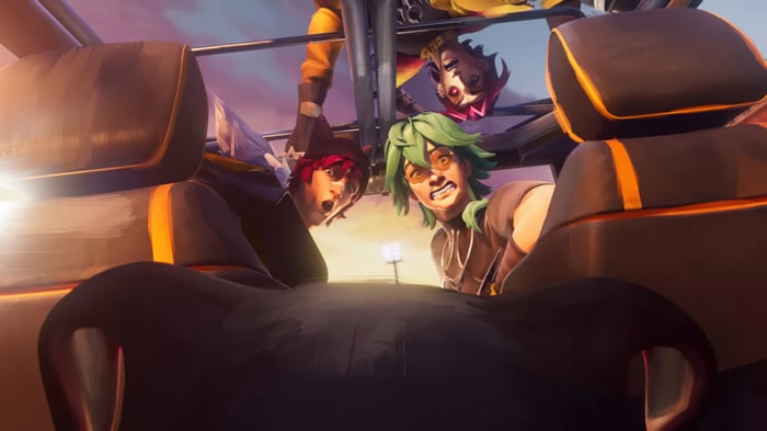 Heartsteel Ezreal, Sett, Kayn, and Aphelios in a vehicle
