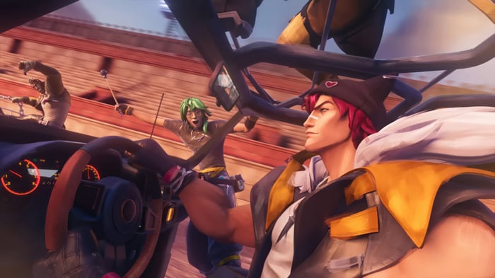 Sett and Ezreal in a vehicle, League of Legends 4K