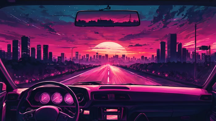 Car driving towards city at sunset, digital art 4K