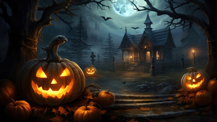 Halloween Night with Jack-o'-lanterns and Haunted House 4K