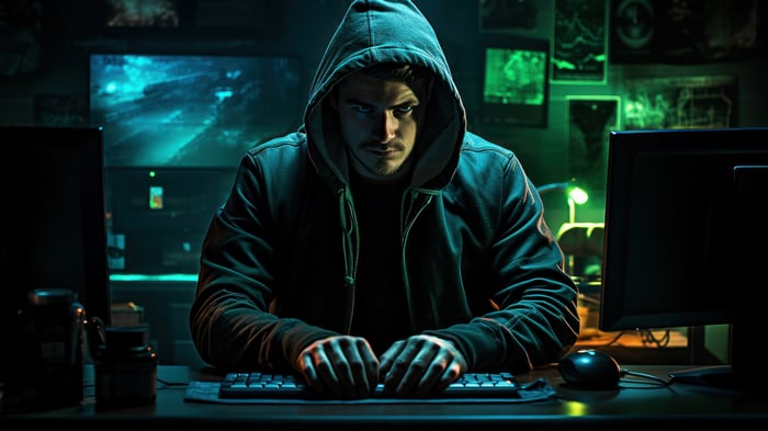 Hacker in a Hoodie Typing on a Keyboard 4K