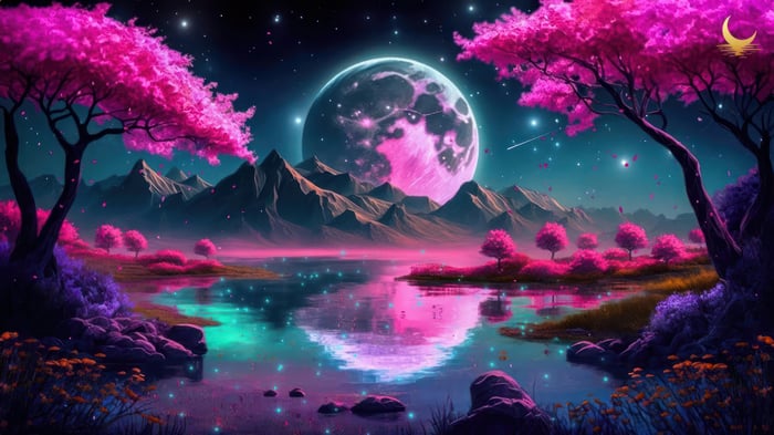 Night Scenery with Moon and Cherry Blossoms 4K