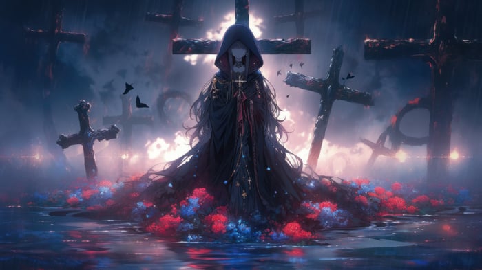 Grim Reaper Figure Among Crosses in Graveyard 4K
