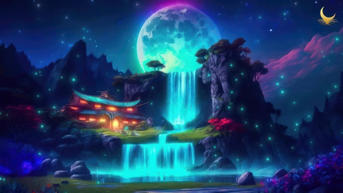 Fantasy Waterfall Scenery with a Large Moon at Night 4K