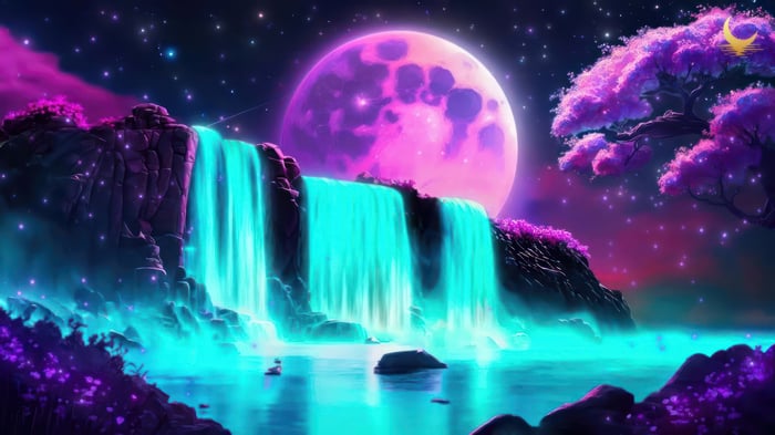 Fantasy Waterfall under a Pink Moon and Starry Sky 4K