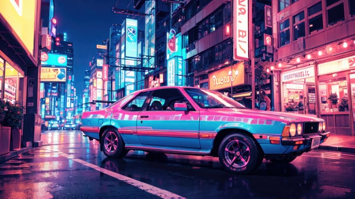 Retro car in a neon-lit city at night