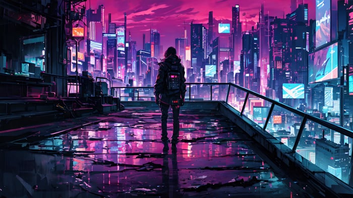 Cyberpunk Cityscape with a Lone Figure