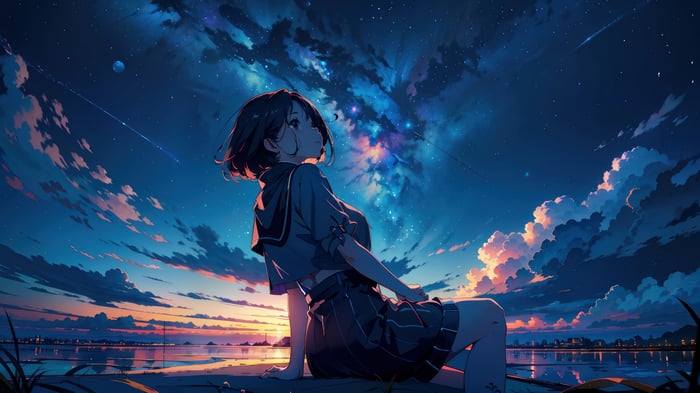 Girl in School Uniform Watching a Sunset Sky