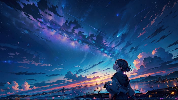 Girl watching a meteor shower at sunset 4K