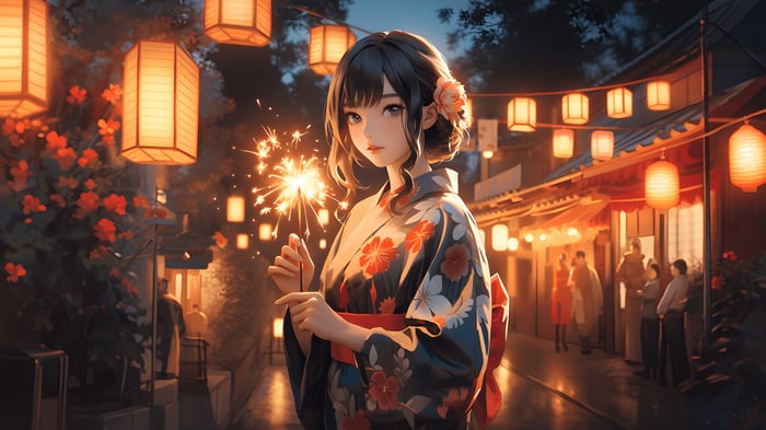 Girl in Kimono Holding Sparkler with Lanterns