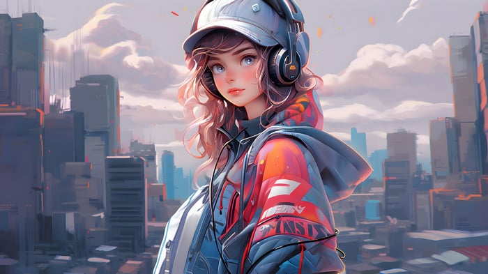 Girl with Headphones in a Cityscape 4K