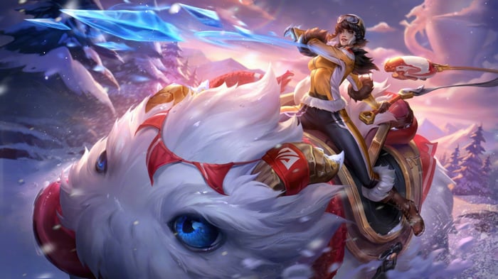 Sejuani riding a boar in a snowy landscape