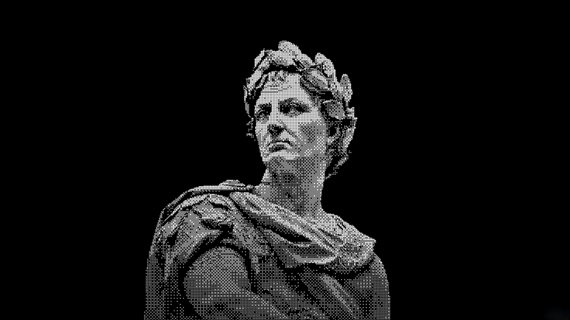 Pixel art bust of a man with a laurel wreath