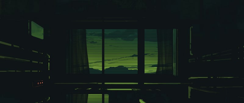 View through blinds at dusk