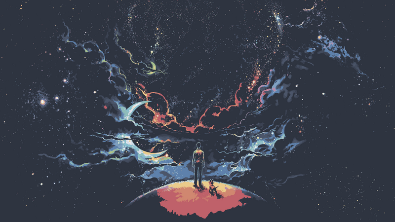 Man and dog on planet looking at nebula