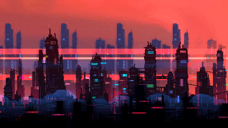 Synthwave Pixel Art Cityscape at Sunset