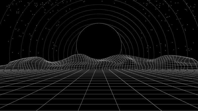Retrowave digital art with geometric landscape and starry sky