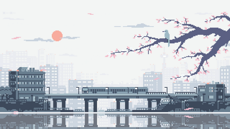 Pixel art train crossing a bridge with cherry blossoms