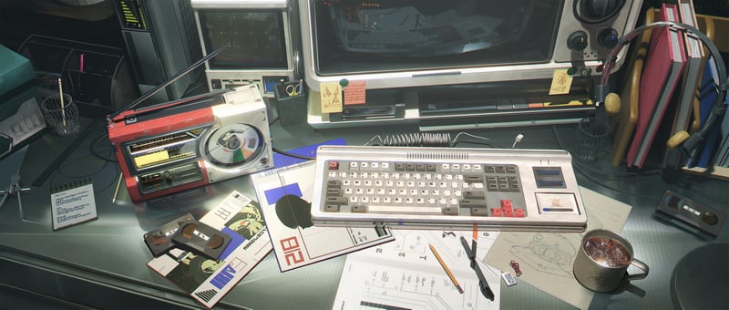 Cassette player and retro computer setup with keyboard and papers